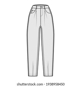 Slouchy Jeans Denim pants technical fashion illustration with ankle length, normal waist, high rise, 5 pockets, oversized. Flat bottom template front grey color style. Women, men, unisex CAD mockup