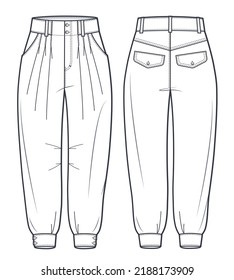 Slouchy pants fashion flat technical drawing template.  Jeans Denim pants, Slouchy trousers, high waist, owersize, balloon, pockets, women, front and back view, white, CAD mockup. 