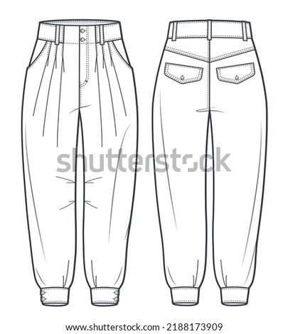 Slouchy pants fashion flat technical drawing template.  Jeans Denim pants, Slouchy trousers, high waist, owersize, balloon, pockets, women, front and back view, white, CAD mockup. 