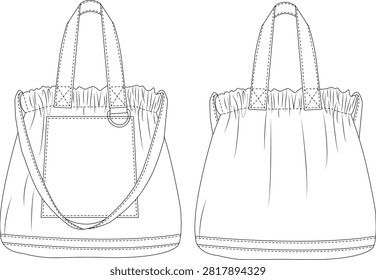 Slouchy Shoulder Bag Flat Sketch Front and Back View with Drawstring Detail