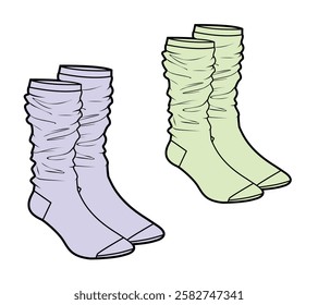 Slouchy socks vector mockup template technical drawing.