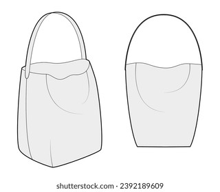 Slouchy Tote bucket silhouette bag. Fashion accessory technical illustration. Vector satchel front 3-4 view for Men, women, unisex style, flat handbag CAD mockup sketch outline isolated