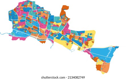 Slough, South East England, England Colorful High Resolution Vector Art Map With City Boundaries. White Outlines For Main Roads. Many Details. Blue Shapes For Water. 