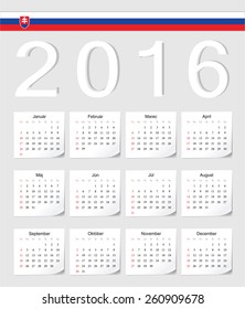 Slovak 2016 vector calendar with shadow angles. Week starts from Sunday.