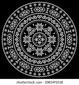 El boho eslovaco de arte folclórico vector de diseño de mandala tribal negra con formas geométricas inspiradas en pinturas caseras tradicionales de la aldea Cicmany en la región de Zilina, Eslovaquia. Ornamento bohemio retro en círculo