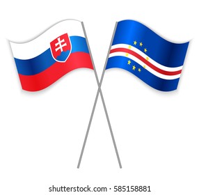 Slovak and Cabo Verdean crossed flags. Slovakia combined with Cape Verde isolated on white. Language learning, international business or travel concept.