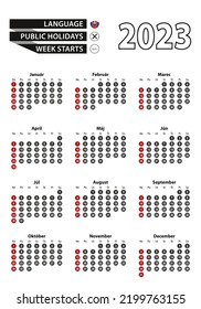 Slovak calendar 2023 with numbers in circles, week starts on Sunday. 2023 with flag of Slovakia. Vector illustration.