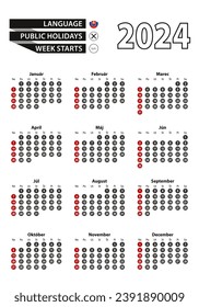 Slovak calendar 2024 with numbers in circles, week starts on Sunday. 2024 with flag of Slovakia. Vector illustration.