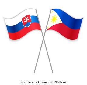 Slovak and Filipino crossed flags. Slovakia combined with Philippines isolated on white. Language learning, international business or travel concept.