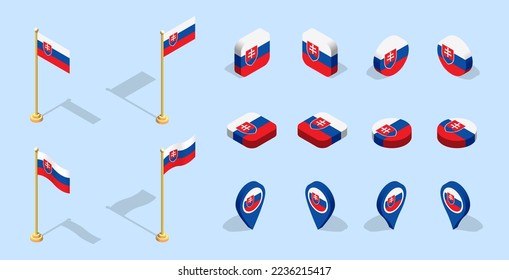 Slovak flag (Slovakia, Slovak Republic, Slovenská Republika). 3D isometric flag set icon. Editable vector for banner, poster, presentation, infographic, website, apps, maps, and other uses.