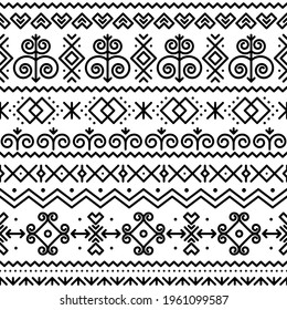 Slovak folk art vector seamless black pattern with abstract geometric shapes inspired by traditional house paintings from village Cicmany in Zilina region, Slovakia. Retro ornament from Slovakia 