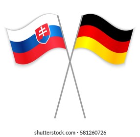 Slovak and German crossed flags. Slovakia combined with Germany isolated on white. Language learning, international business or travel concept.