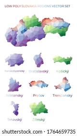 Slowakische Low-Poly-Regionen. Polygonal Karte der Slowakei mit Regionen. Geometrische Karten für Ihr Design. Herrliche Vektorgrafik.