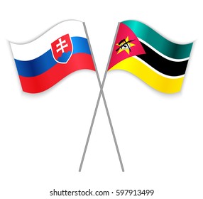 Slovak and Mozambican crossed flags. Slovakia combined with Mozambique isolated on white. Language learning, international business or travel concept.