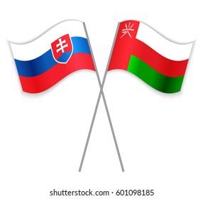 Slovak and Omani crossed flags. Slovakia combined with Oman isolated on white. Language learning, international business or travel concept.