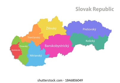 Slovak Republic map, administrative division, separate individual regions with Slovakia names, color map isolated on white background vector