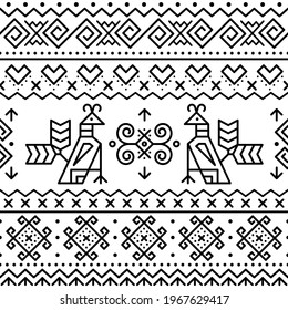 Slovak tribal folk art vector seamless geometric two patterns with brids swirls, zig-zag shapes inspired by traditional painted art from village Cicmany in Zilina region, Slovakia in black on white
