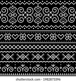 Vector de arte folclórico tribal eslovaco de un patrón geométrico sin fisuras inspirado en casas pintadas tradicionales de la aldea Cicmany en la región de Zilina, Eslovaquia.

Ornamento abstracto repetitivo en blanco sobre negro