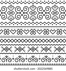 Slovak tribal folk art vector seamless black geometric pattern with inspired by traditional painted houses from village Cicmany in Zilina region, Slovakia. 
Repetitive abstract ornament on white 