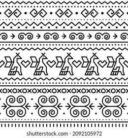 Slovak tribal folk art vector seamless geometric pattern with brids and swirls motif inspired by traditional painted art from village Cicmany in Zilina region, Slovakia in black on white. Retro 