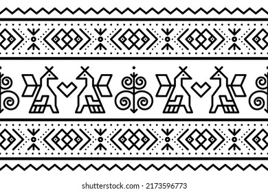 Vector de arte folclórico tribal eslovaco patrón geométrico sin fisuras con puentes y remolinos - diseño horizontal largo inspirado en arte pintado tradicional de la aldea Cicmany en la región de Zilina, Eslovaquia