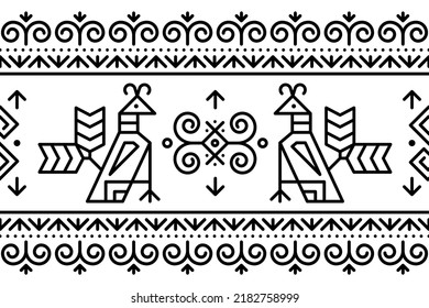 Slovak tribal folk art vector seamless geometric long horizontal pattern with brids swirls, and geometric shapes inspired by traditional painted art from village Cicmany in Zilina region, Slovakia.