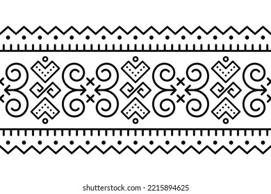 Slovak tribal folk art vector seamless black long horizontal geometric pattern inspired by Cicmany folk art in Slovakia. Retro unique abstract decor, monochrome design on white background
 