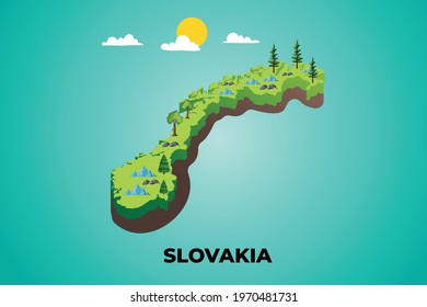 Slovakia 3d isometric map with topographic details mountains, trees and soil vector illustration design