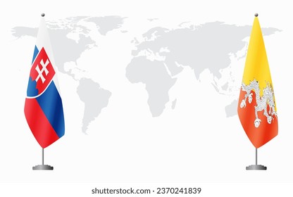 Slovakia and Bhutan flags for official meeting against background of world map.