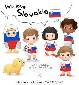 Slovakia : Boys and girls holding flag and wearing shirts with national flag print : Vector Illustration
