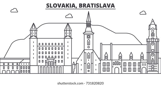 Slovakia, Bratislava architecture line skyline illustration. Linear vector cityscape with famous landmarks, city sights, design icons. Landscape wtih editable strokes