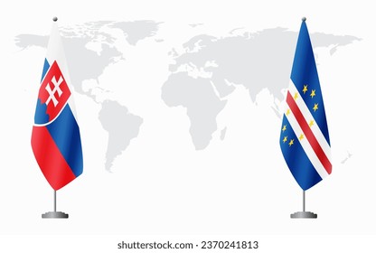 Slovakia and Cape Verde flags for official meeting against background of world map.