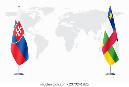 Slovakia and Central African Republic flags for official meeting against background of world map.