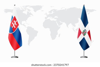 Slovakia and Dominican flags for official meeting against background of world map.