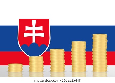 Slovakia Economy. Flag of Slovakia with Coin Stack. Financial and Investment Concept. Vector Illustration.  