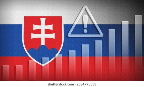 Slovakia flag with burlap texture, warning sign, and rising bar chart symbolizing increasing risk or growth challenges in the country. Ideal for data presentations.