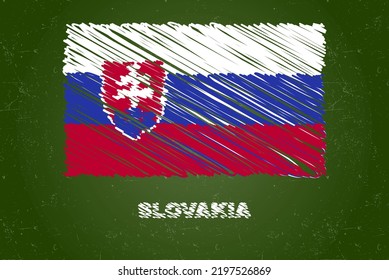 Slovakia flag with chalk effect on green chalkboard, hand drawing country flag concept, green blackboard with Slovakia flag, chalk texture, flag for kids, classroom material