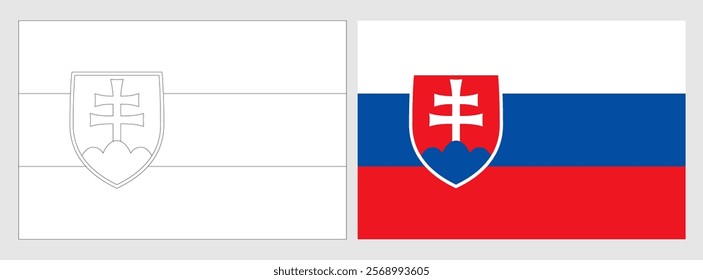Slovakia flag - coloring page. Set of white wireframe thin black outline flag and original colored flag.