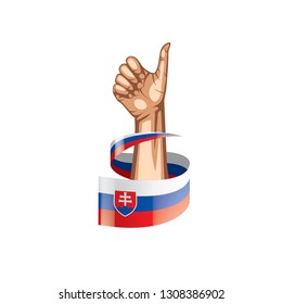Slovakia flag and hand on white background. Vector illustration