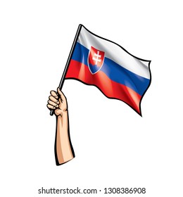 Slovakia flag and hand on white background. Vector illustration