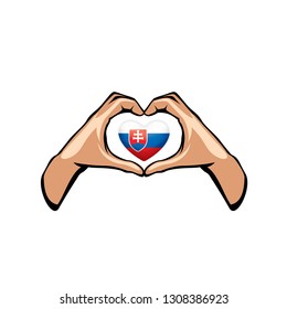 Slovakia flag and hand on white background. Vector illustration