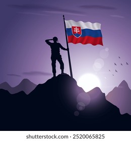 Slovakia Flag hoisted on a mountain peak with a purplish sunset in the background, vector illustration