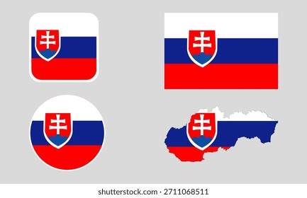 Slovakia Flag Icon Set in Square, Round, and Map Shapes. Clean Modern Collection. Perfect for use in apps, websites, presentations, infographics, educational materials, travel content.