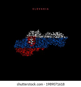 Slovakia flag map, chaotic particles pattern in the colors of the Slovak flag. Vector illustration isolated on black background.