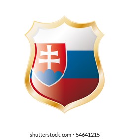 Slovakia flag on metal shiny shield vector illustration. Collection of flags on shield against white background. Abstract isolated object.