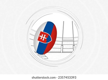 Slovakia flag on rugby ball, lined circle rugby icon with ball in a crowded stadium. Vector sport emblem on abstract background.
