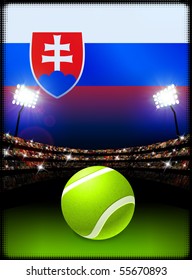 Bandera de Eslovaquia sobre fondo de estadio durante partido de tenis Ilustración original
