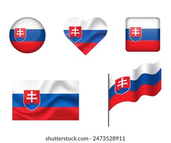 Slovakia flag - set of icons. Vector flag of Slovakia, symbol. Set of Slovakian flags - button, waved, heart.