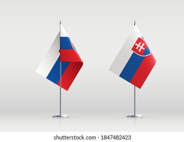 Símbolo del estado de la bandera de Eslovaquia aislado en una bandera nacional de fondo. Tarjeta de saludo Día Nacional de la Independencia de la República Eslovaca. Cartel de ilustración con bandera de estado realista.