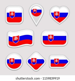 Slovakia flag vector set. Slovak flags stickers collection. Isolated geometric icons. National symbols badges. Web, sport page, patriotic, travel, school design elements. Different shapes